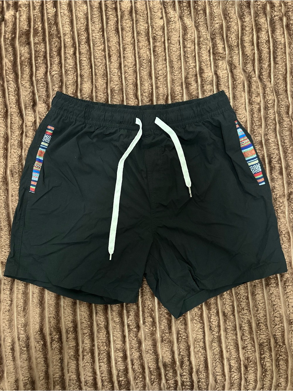 Black Swim Shorts with Multicolor Tribal Trim and White Drawstring
